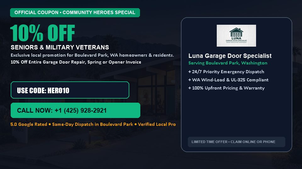 Luna Garage Door Specialist 10% OFF Seniors & Military Veterans in Boulevard Park, WA